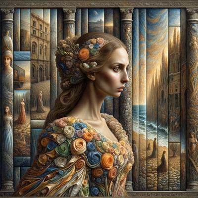The primary subject of the image is a woman wearing a flowery dress. She is standing in front of a painting, which features a castle and a beach scene. The setting appears to be a museum or an art gallery, as the woman is posing in front of the artwork. The visual style of the image is a combination of digital art and illustration, creating a unique and captivating scene. The colors and mood of the image are vibrant and lively, with the woman's dress and the painting'